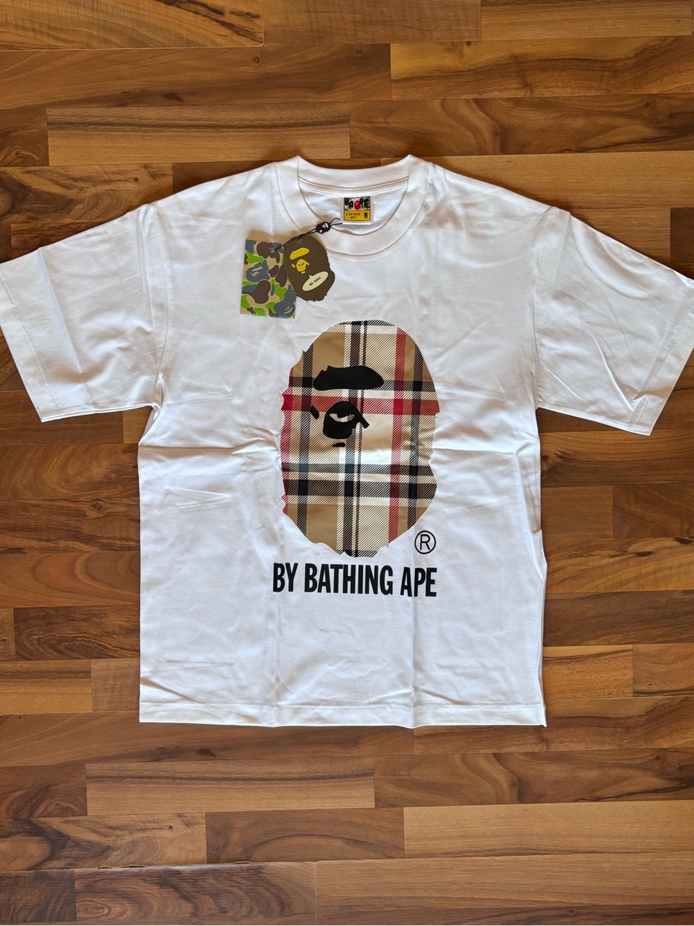 A Bathing Ape White Graphic Tee with Plaid Ape Head